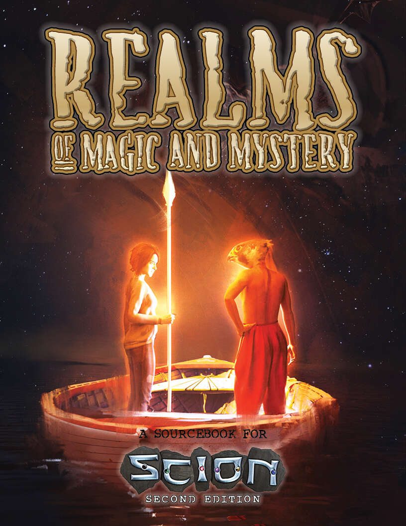 The cover of Realms of Magic and Mystery. 2 figures in a rowboat regard each other. One holds a spear. The other has the head of a hawk