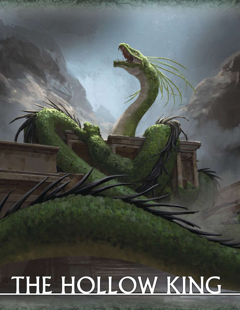 A green dragon coils around an ancient temple