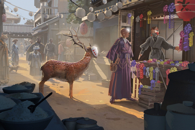 A deer kami and a man in purple robes investigate a festival stall